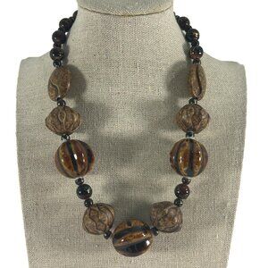 Esmor Beaded Necklace Brown Silver Tone Textured Graduated Ethnic 16-21"